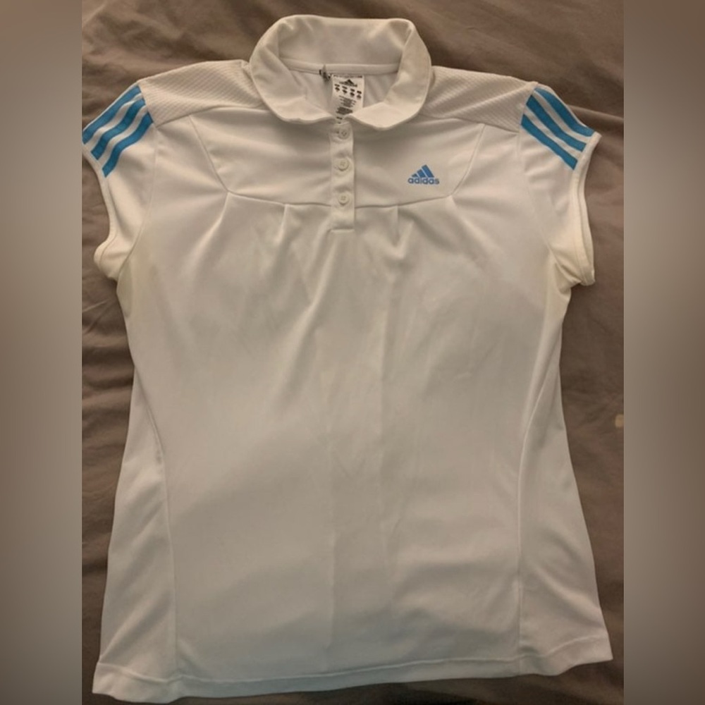 adidas Women's White Blue Collared Golf Polo Shirt L Lightweight Stretch